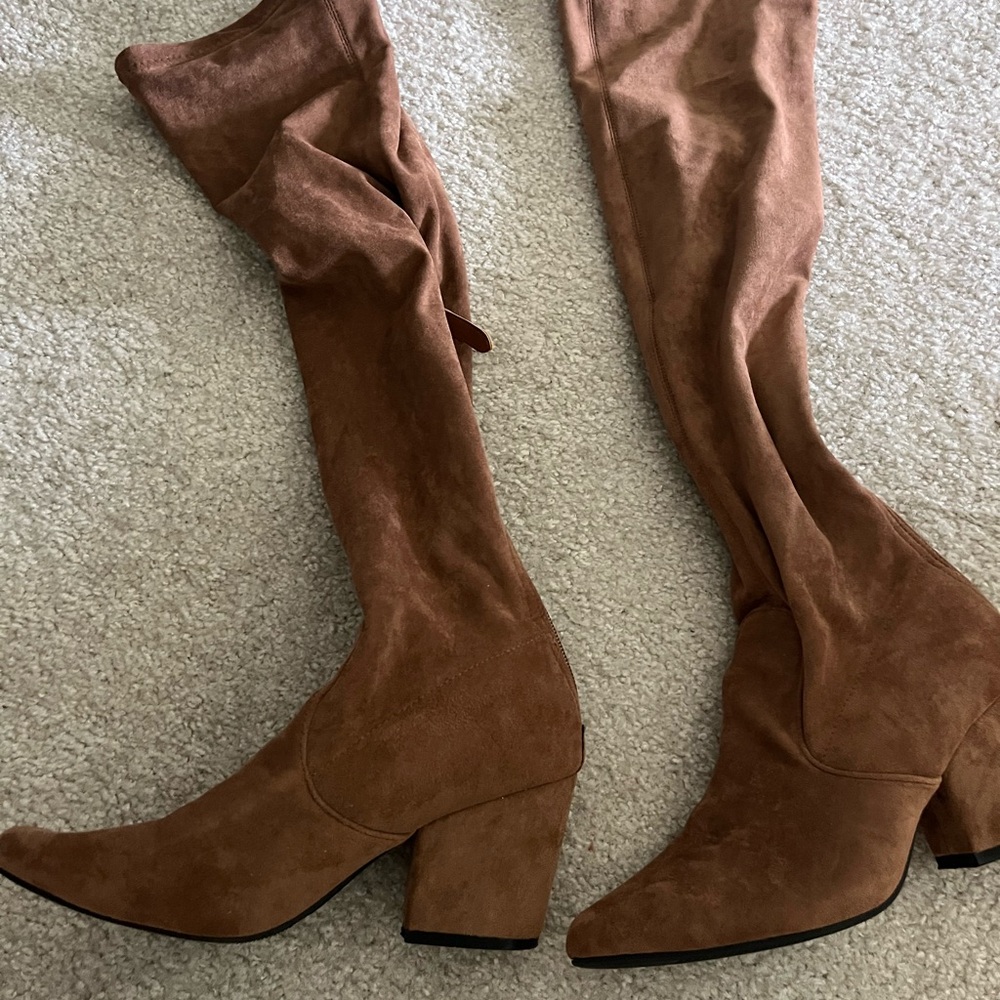 Suede Over-the-Knee Block Heel Boots - Brown